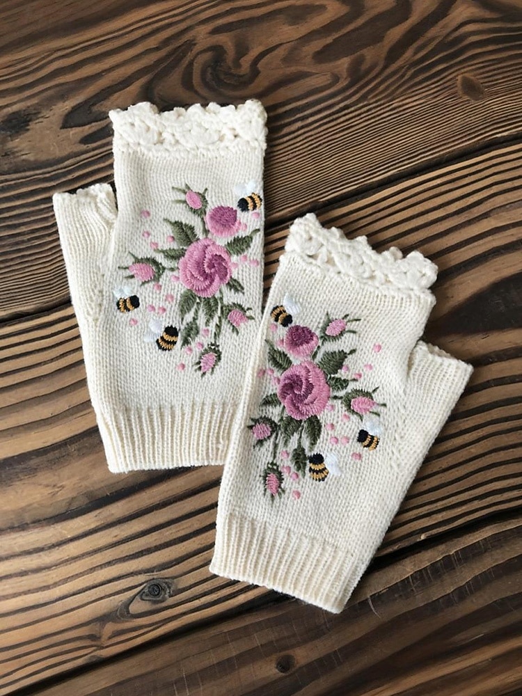 Dámské vánoční vyšívané rukavice – květinový vzor se včelami, materiál bavlněná příze, dostupné v několika barvách, ideální pro zimní svátky a slavnostní příležitosti 2026 - $18.99 –P5