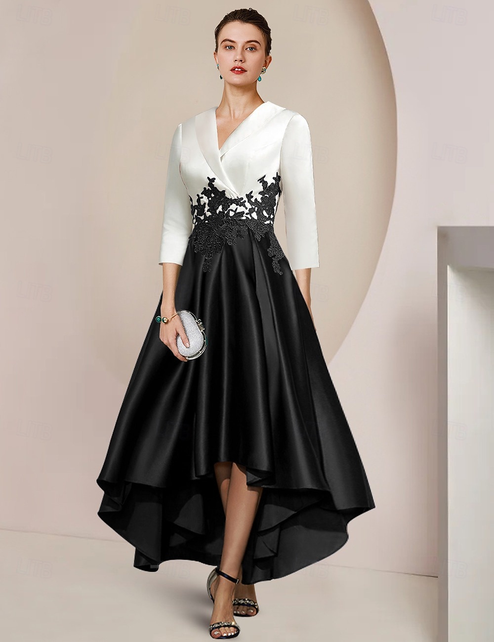A-Linie Asymmetrisch Tee-Länge Partykleid Cocktailkleid Kleid für Hochzeitsgäste Brautmutterkleid Dreiviertelarm Hemdkragen Elegant High-Low Formell Hochzeitsgast Satin Spitze mit Applikationen 2026 - $157.99 –P7