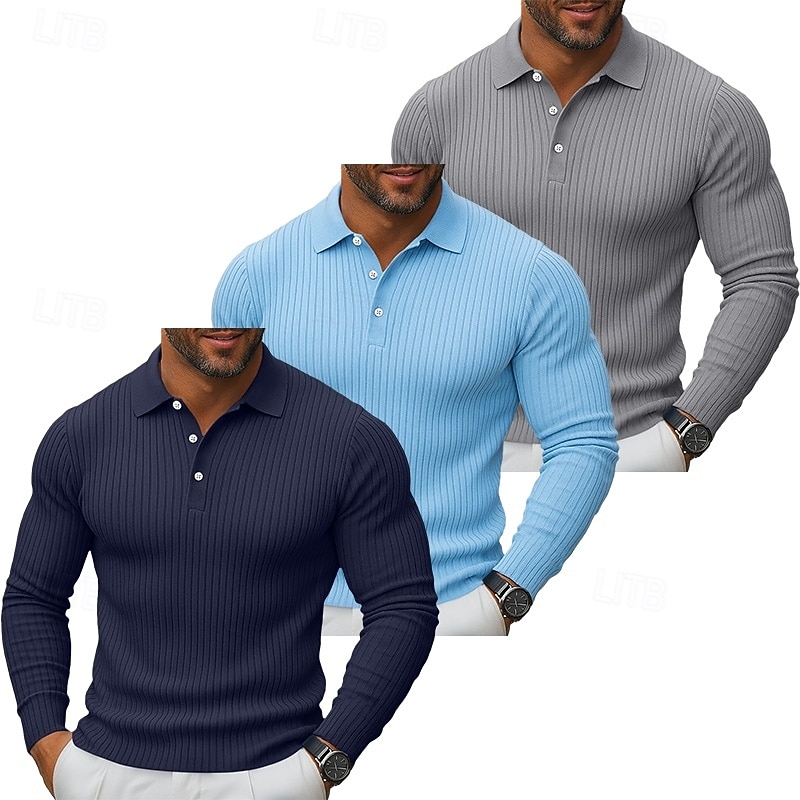 3 db-os férfi bordás kötésű felső golf pólóing többes csomag utcai lezser hajtókás hosszú ujjú alapvető modern egyszínű gombos tavasz ősz minden évszak karcsúsított bordás kötésű felső 2025 - $59.99 –P9