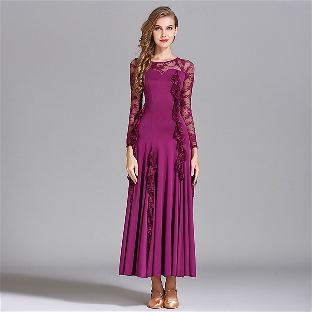 Abito da ballo da sala con dettagli in pizzo per donna - abito a trapezio a maniche lunghe con dettagli arricciati per competizioni, balli latini ed eventi di danza - azzurro del 2026 a $125.99 –P8