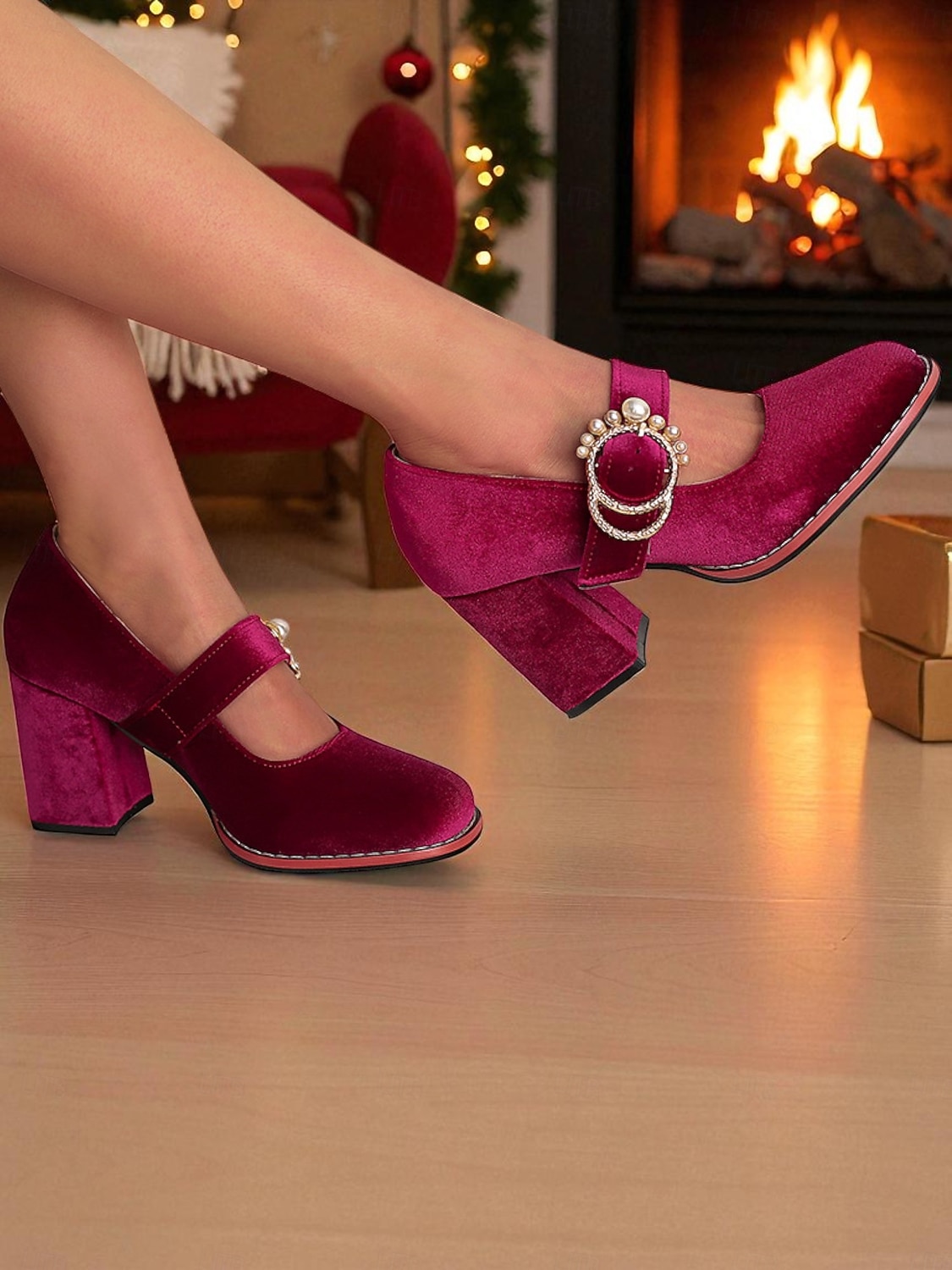 Gröna Mary Jane-klackar i sammet med grov blockklack och pärlspänne - vintage retro-skor från 1950-talet för damer, perfekta för julfester och bröllop. &kvällsevenemang 2026 - $54.99 –P2