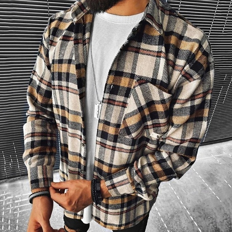 Herren Hemd Freizeithemd Flanellhemd Knopfhemd Orange Grün Kaki Langarm Karomuster Revers Urlaub Ferien Tasche Bekleidung Polyester Mode Lässig Bequem 2025 - $35.99 –P2