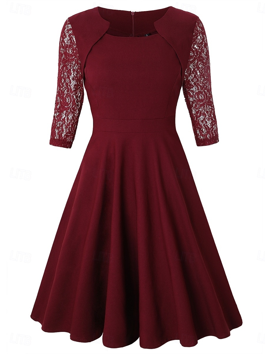 Women's Mini Dress A Line Dress Elegant Party Cocktail Outdoor Party Wedding Lace Patchwork Regular Fit Solid Color 3/4 Length Sleeve Square Neck Pink Wine Red 2026 - BHD 17.02 –P2
