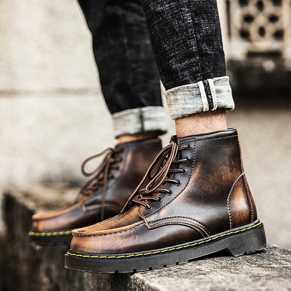 Botas de trabalho masculinas de couro bordô com cadarço, botas de combate vintage casuais de cano curto, duráveis para atividades ao ar livre &sapatos de uso diário de 2026 por $59.99 –P5