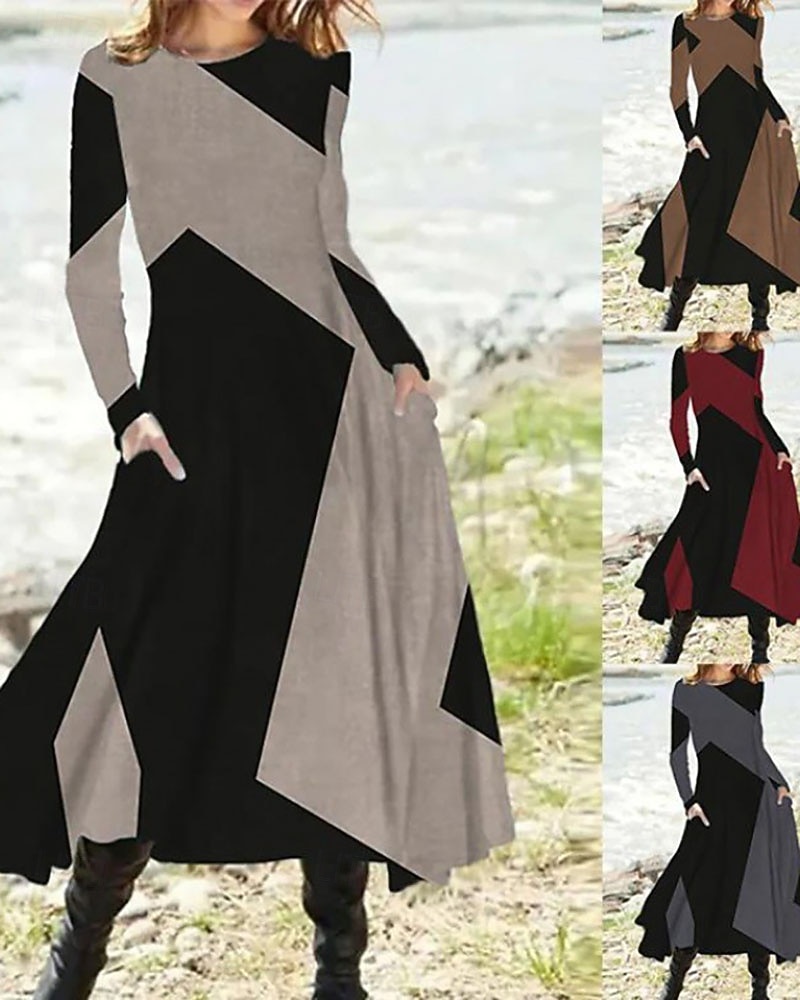 Dámské Midi šaty Šaty s potiskem Vinobraní Módní Moderní Denní Dovolená Jdeme ven Běžný Geometrický Dlouhý rukáv Tričkový Fialová Hnědá Tmavě šedá Šedá Jaro Podzim Zima 2025 - $26.99 –P1