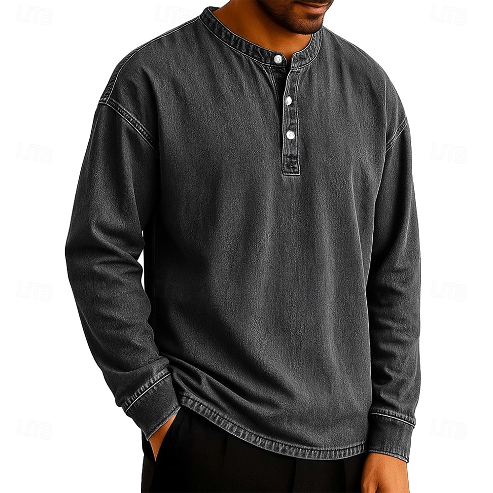 SoftFade™ Pánské tričko Henley T-shirt Tee dlouhý rukáv jednobarevné vintage retro ležérní styl obarvené vybledlé Henley ležérní jaro podzim černá šedá světle modrá Henley T-Shirt 2026 - $29.99 –P7