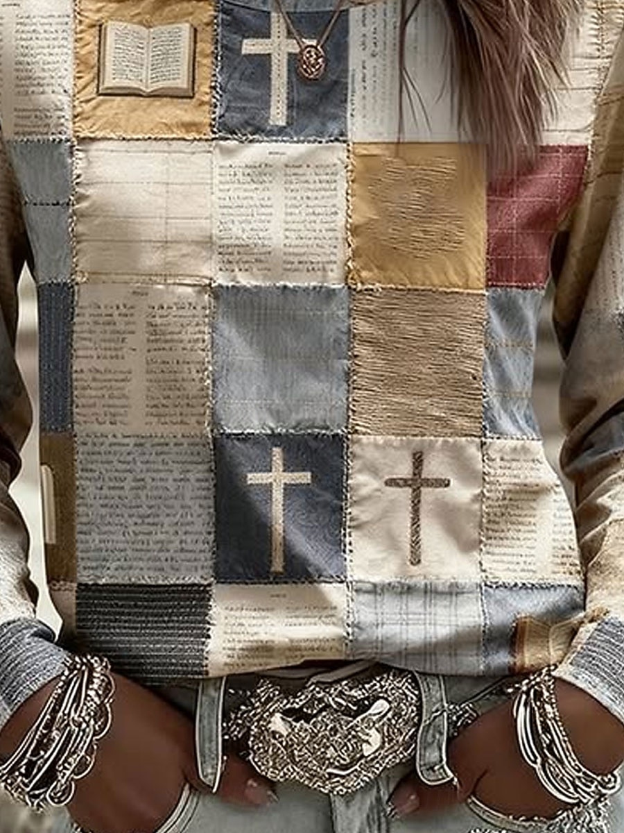 Damskie Podkoszulek Nadruk Graficzny Geometryczny Zabytkowe Moda Elegancki Długi rękaw Półgolf Okrągły dekolt Zwykłe topy Codzienny Weekend Beżowy Jesień Zima 2026 - $24.99 –P3