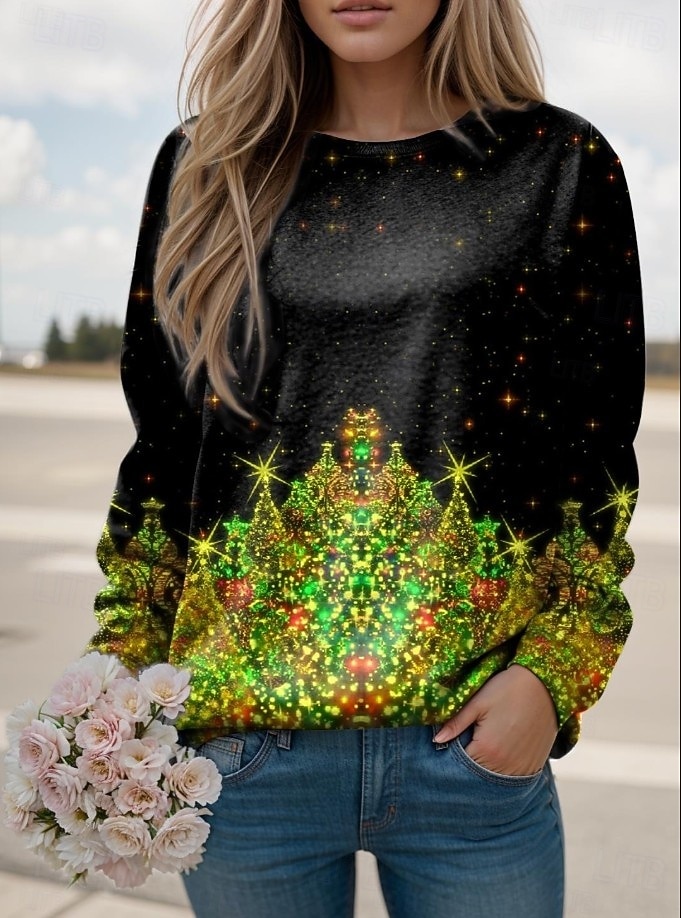 Damskie Pullover Graficzny Choinka Codzienny Długi rękaw Półgolf Zwykłe topy Codzienny Święto Nadruk Czarny Niebieski Zielony Wiosna Jesień Zima 2025 - $28.99 –P4