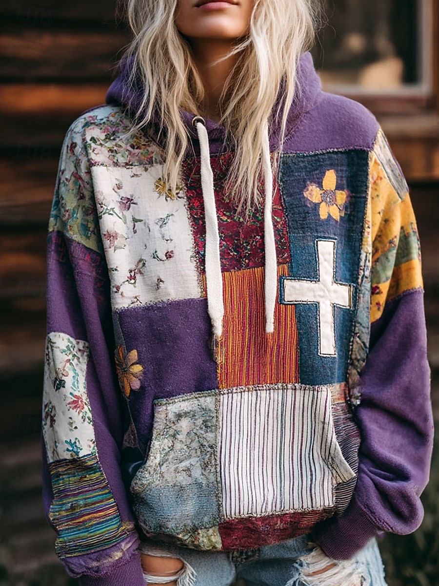 Damen Kapuzenpullover Druck Fronttasche Blumen Grafik Geometrisch Warm Vintage Lässig Langarm Mit Kapuze Normale Oberteile Lässig Straße Alltagskleidung Blau Rosa Purpur Herbst Winter 2026 - $28.99 –P2