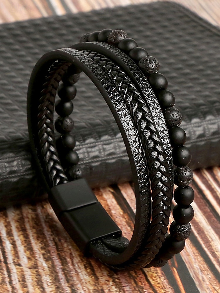 Men's Alloy Faux Leather Beaded Bracelet Set, Multi-Layer Braided Wristband with Magnetic Clasp, Fashion Punk Jewelry for Casual, Party & Gift 2025 - $11.99 –P11