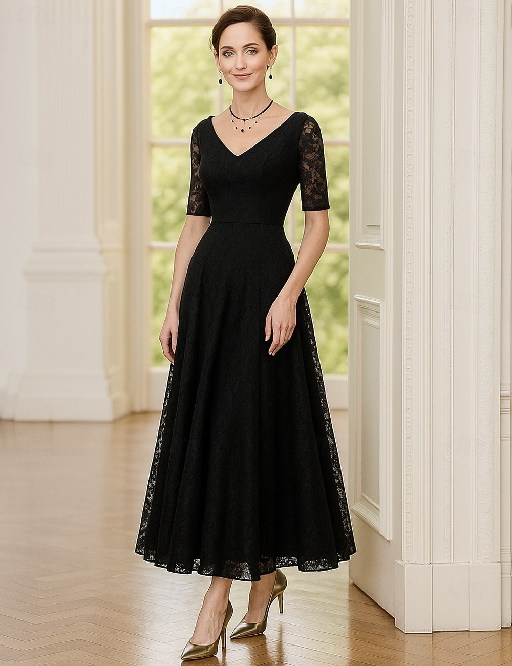 A-Linie Knöchellänge Partykleid Cocktailkleid Kleid für Hochzeitsgäste Brautmutterkleid Halbarm V Ausschnitt Elegant Schwarzes Kleid Formeller Abend Hochzeitsfeier mit Spitze 2026 - $80.99 –P1