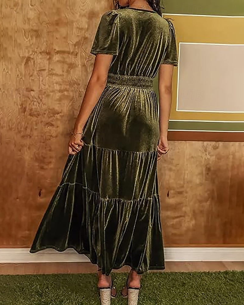 Női Midi ruha Karácsonyi ruha Bársony ruha Party ruha Koktélruha Elegáns Modern Parti Születésnap Estély Normál Sima Rövid ujjú V-alakú Bor Katonai zöld Sötétkék Sötétzöld Tavasz Ősz 2025 - $41.99 –P15