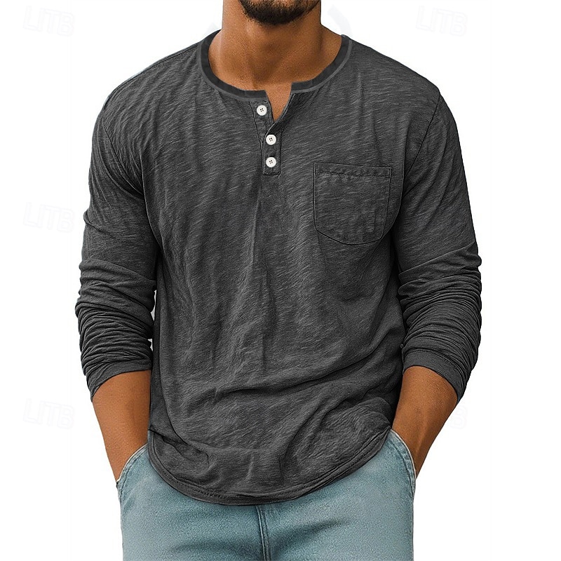 Herren T Shirt Henley Hemd T-Shirt Langarmshirt Langarm Henley Frühling Herbst Einfach Mode Designer Basic Taschen Urlaub Straße Ausgehen Schwarz Weiß Rote Top T-Shirt für Herren 2025 - $21.99 –P6