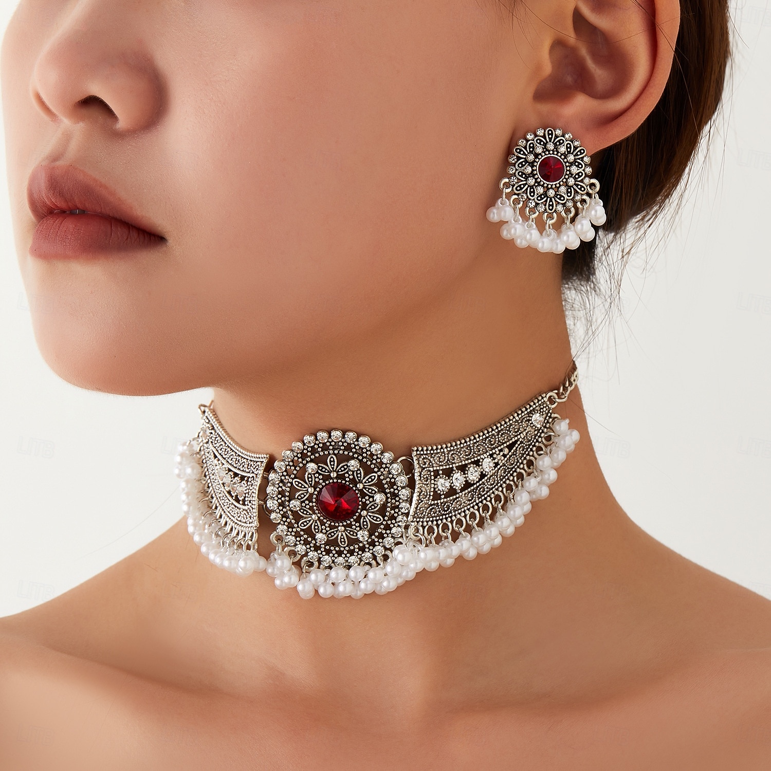 Zilveren parelchoker sieradenset voor dames voor kerstfeest, vintage kristallen ketting en oorbellenset voor feestdagen &elegante avondevenementen 2026 - $14.99 –P7