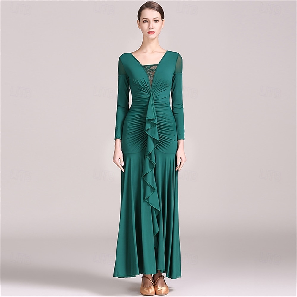 grünes Gesellschaftstanzkleid mit langen Ärmeln, gerüschten Details und Rüschenrock für eleganten Latein &Ballsaalaufführung 2026 - $129.99 –P1