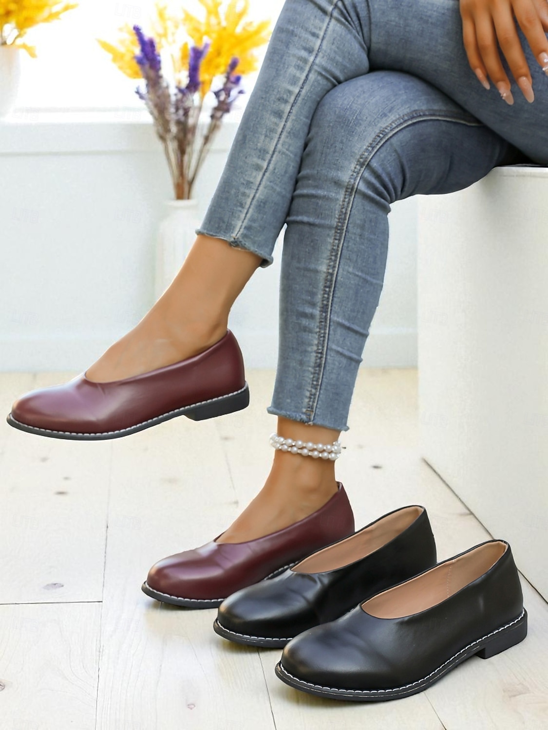 Women's Burgundy Faux Leather Round Toe Flats with Low Heel, Comfortable Casual Dress Shoes for Work, Office & Everyday Wear 2025 - $26.99 –P7