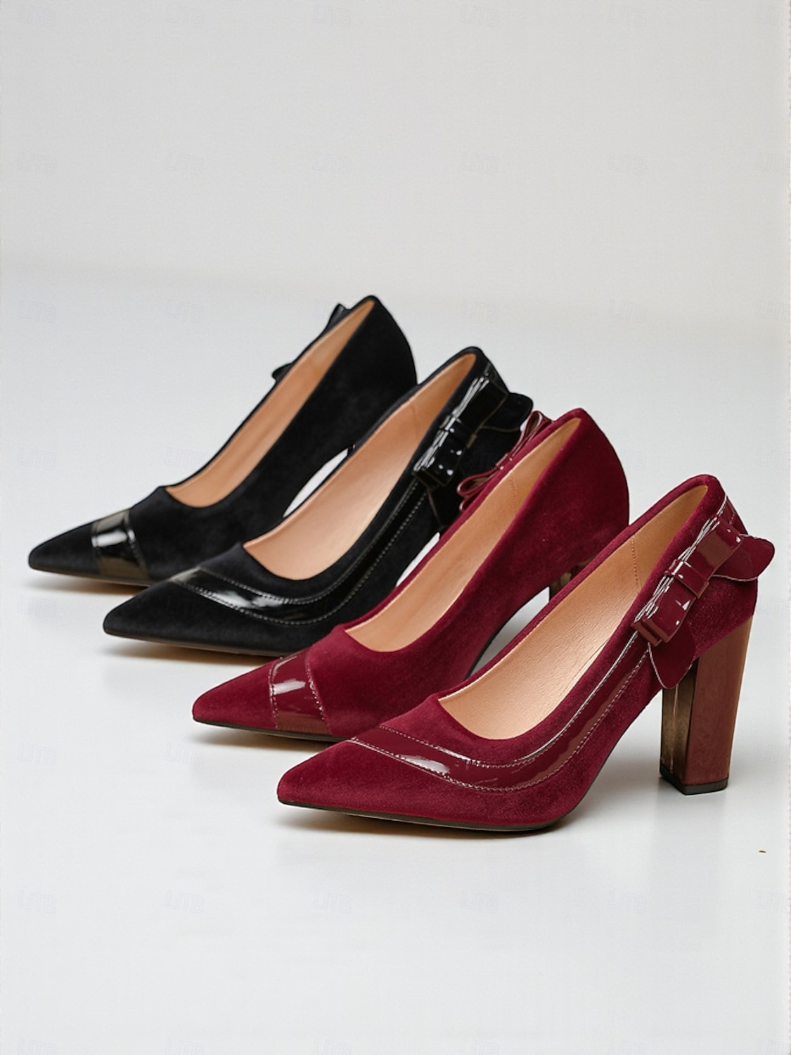 Escarpins à talons hauts en velours bordeaux pour femmes avec accents en cuir verni et détail nœud, élégants et stylés, parfaits pour les fêtes, Noël et les occasions formelles de 2026 ? $46.99 –P2