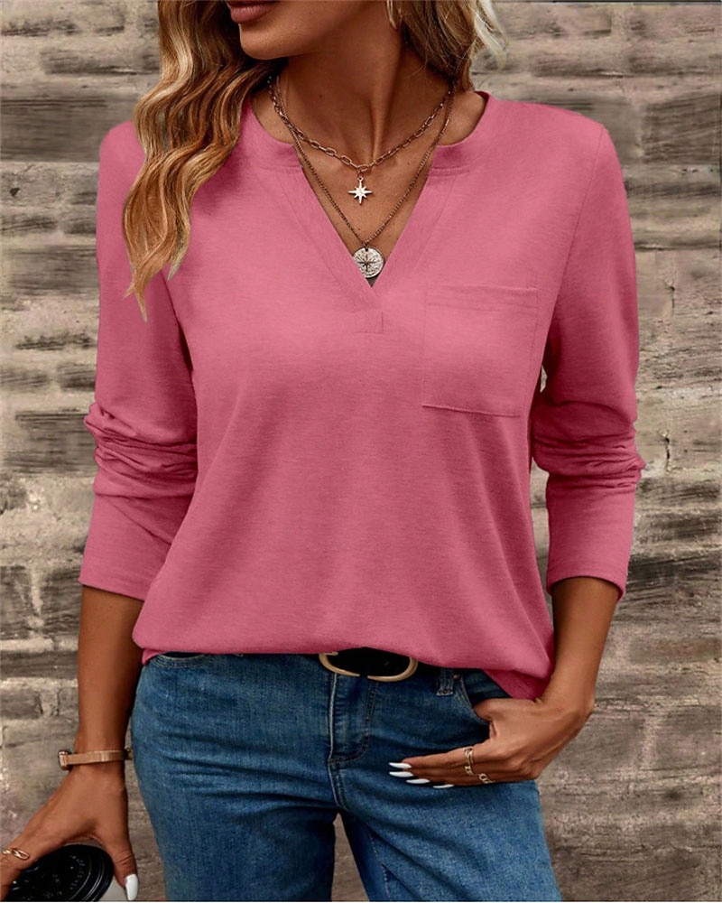 Pentru femei Topuri imbracate Buzunar Culoare solidă Simplu Elegant femei Stilat Manșon Lung În V Topuri obișnuite Zilnic Muncă Ieșire Negru Alb Roz Îmbujorat Trifoi Kaki Toamnă Iarnă 2026 - $25.99 –P7