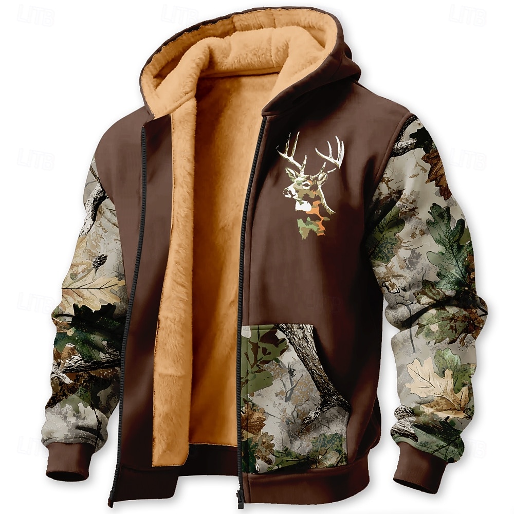 Herren Tarnung Hirsch Fleece Kapuzensweatshirt Jacke Pullover Klassisch Militär Jagd Langarm Rundhalsausschnitt Outdoor Camping Schwarz Braun Grün Grau Reißverschluss Herbst Winter Designer S M L XL 2026 - $41.99 –P2