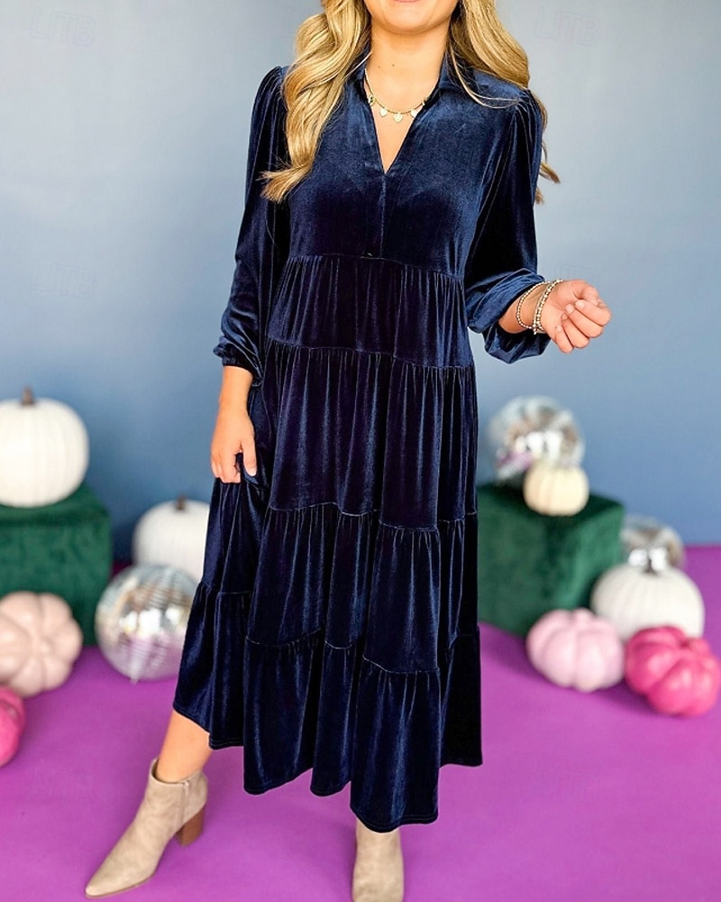 Femmes Robe Midi Robe en Velours Robe de Soirée Robe de Cocktail Élégant Mode Moderne Soirée Coupe régulière Uni manche longue Col de chemise Noir Jaune Vert foncé Bleu de minuit Automne Hiver de 2025 ? $41.99 –P15
