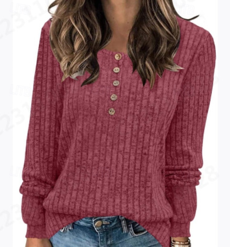 Dam Blus Ensfärgat Stylish Ledigt Långärmad Rund hals Vanliga toppar Dagligen Knappar Svart Gul Ljusgrön Rubinrött Blå Vår Höst Vinter 2025 - $9.99 –P6