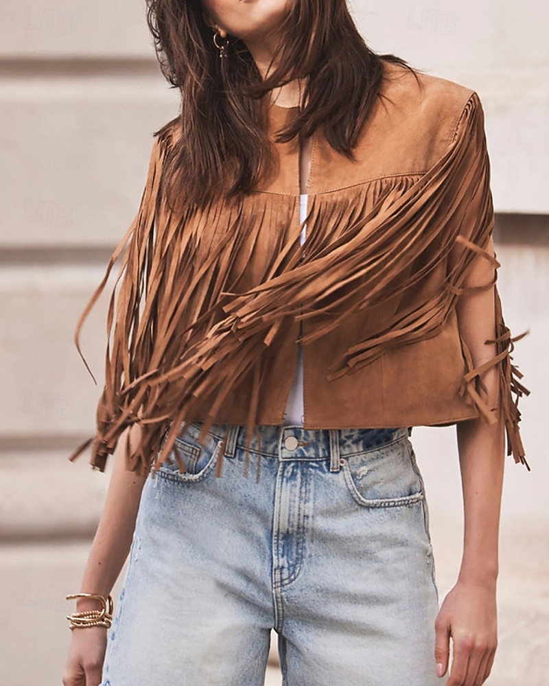 Damskie Bluzka Frędzel Równina Zachodni Bez rękawów W serek Zwykłe topy Święto Wyjściowe Czarny Jasnobrązowy Lato Wiosna 2026 - $32.99 –P7