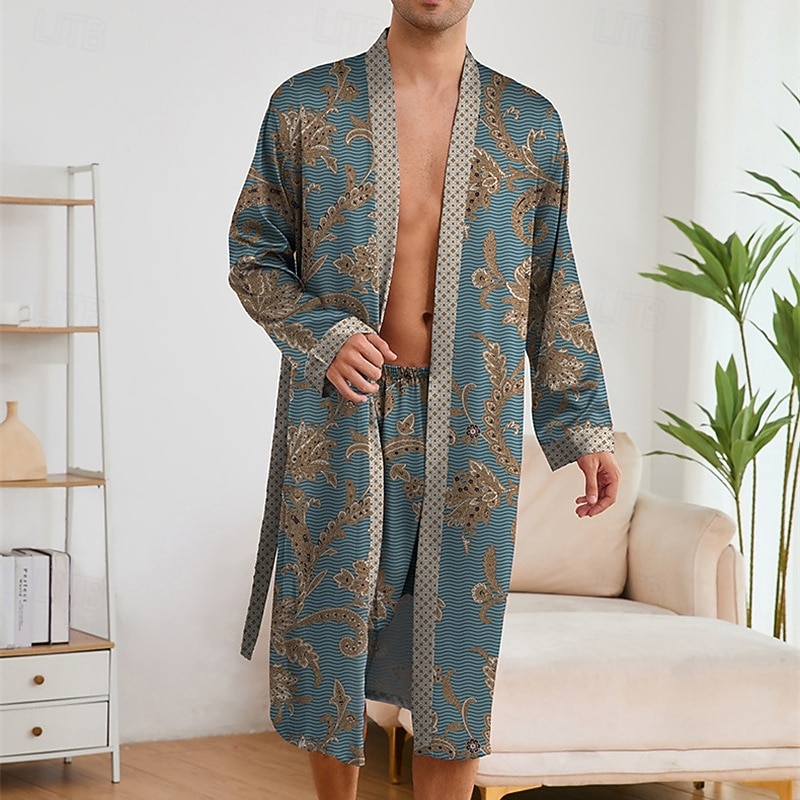 Homme Pyjamas Robe en soie Vêtements de Nuit Robe de bain 1 Pièce Impressions Graphiques Mode Élégant Classique Quotidien Maison Lit Polyester Confort Doux Col en V manche longue Ceinture Incluse de 2026 ? $45.99 –P7