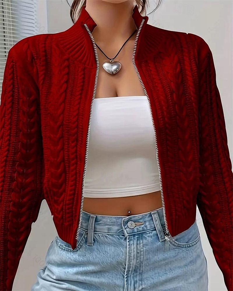 Women's Sweater Cardigan Elegant Fashion Cute Solid Color Stand Collar Zipper Knitted Print Long Sleeve Regular Tops Knit Outdoor Daily Holiday Wine Red Black Fall Winter 2026 - $28.99 –P5