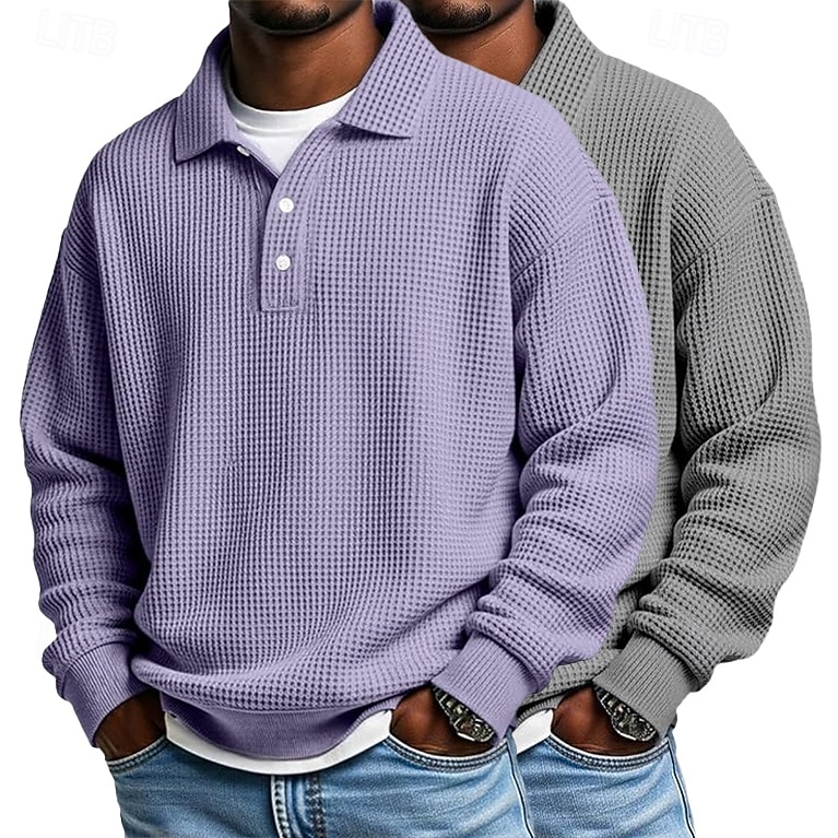 2 stuks heren wafel poloshirts golf shirt formeel zakelijk klassiek lange mouwen mode effen kleur 2 stuks multi-pack herfst lente &herfst regular fit wit paars blauw wafel poloshirts 2025 - $40.99 –P10