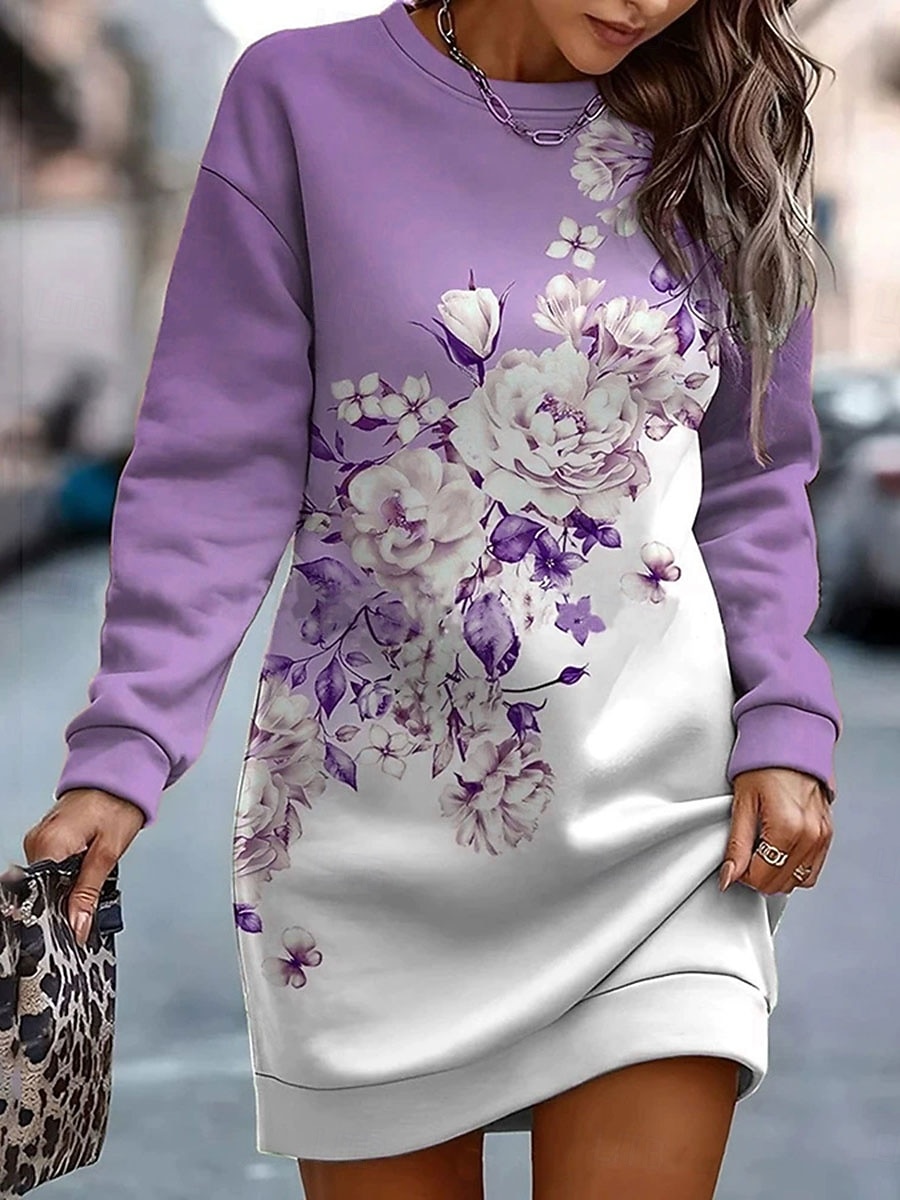 Dames Mini-jurk Hemdjurk Casual Feestdagen Uitgaan Weekend Normale pasvorm Bloemig Grafisch Lange mouw Strakke ronde hals Blozend Roze Paars Groen Grijs Lente Herfst Winter 2026 - $29.99 –P3