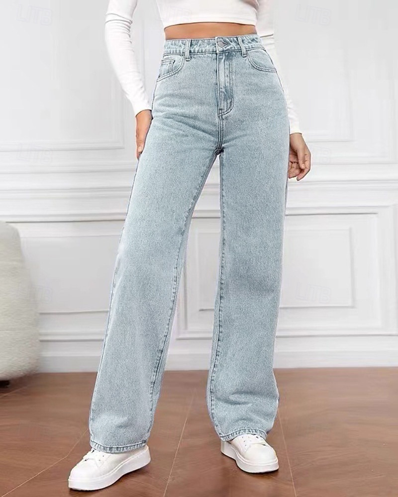 Dame Jeans kinesisk Rett Ferie Årgang Gatemote Full lengde Middels midje عادي Lomme Elastisk midje Bekvem Uelastisk Mikroelastisk utendørs Gate Daglig Svart Grå Marine Svart Hvit Høst Vinter Normal 2025 - $9.99 –P2
