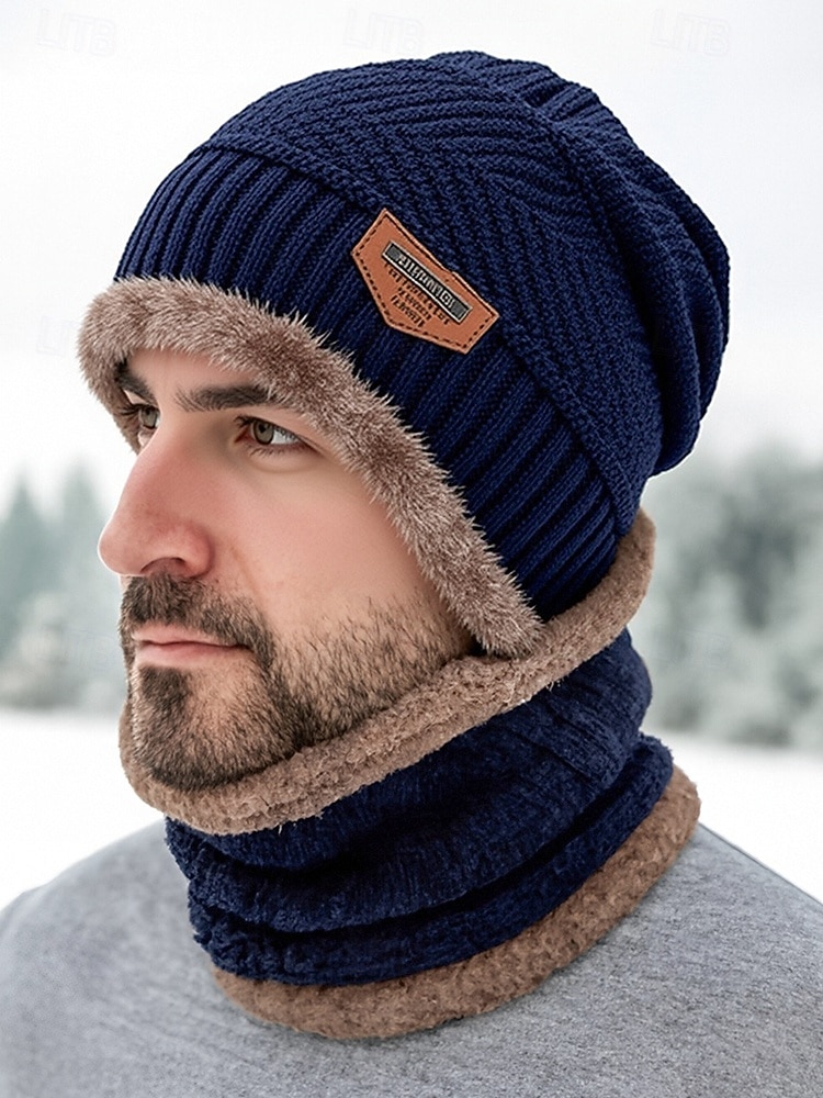 Unisex-Strickmütze und Halstuch-Set, zweiteilig, mit Fleece gefüttert, warm für den Winter, gemütliches Weihnachtsgeschenk für Outdoor-Sport, Skifahren und den Alltag 2025 - $14.99 –P2