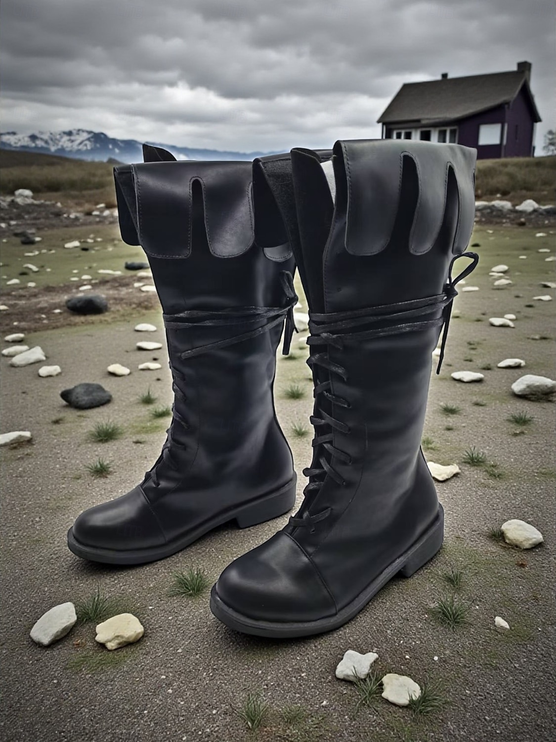 Middeleeuwse Viking-kniehoge veterlaarzen van imitatieleer voor dames, retro renaissancekostuumschoenen voor LARP, cosplay en festivals &podiumoptredens 2026 - $59.99 –P2