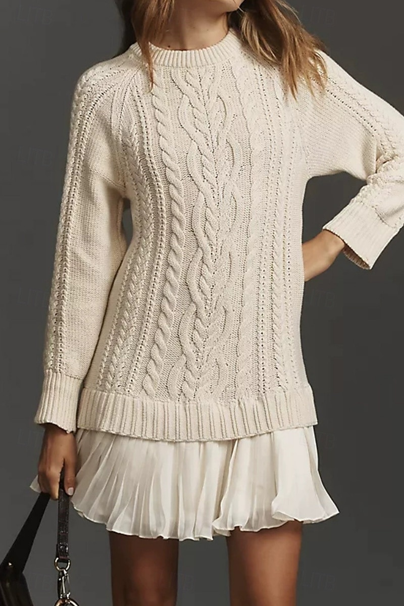 Women's Sweater Dress Casual Soft Pure Color Ribbed Crew Neck Ruffle Knitted Long Sleeve Regular Tops Knit Outdoor Daily Weekend Black Pink Fall Winter 2026 - $48.99 –P2