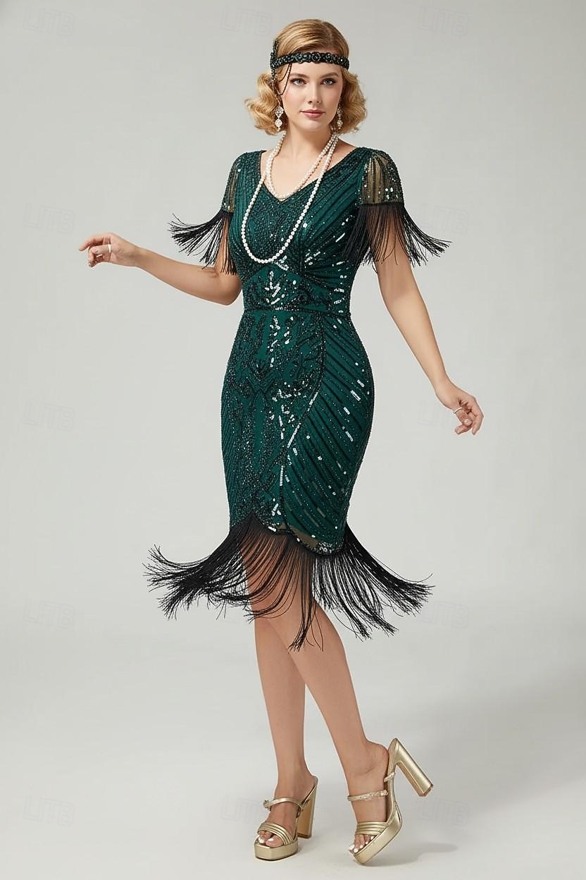 Anni Ruggenti Anni 1920 Lunghezza al ginocchio Abito Flapper Maniche corte Il grande Gatsby Paillettes Frange Scollo a V Costume Per donna Natale Carnevale speakeasy Mascherata Festa a tema retrò del 2026 a $44.99 –P5