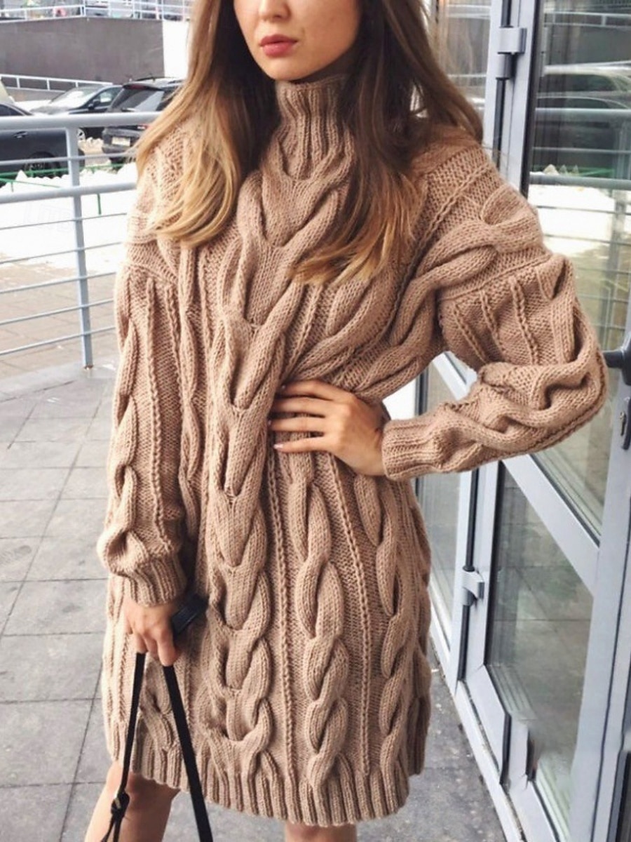 Dam Tröja Tröja klänning Ledigt Mjukt Ren färg Kabel Polokrage Stickat Långärmad Långa toppar Sticka Utomhus Dagligen Helgen Svart Grön Höst Vinter 2025 - $36.99 –P1