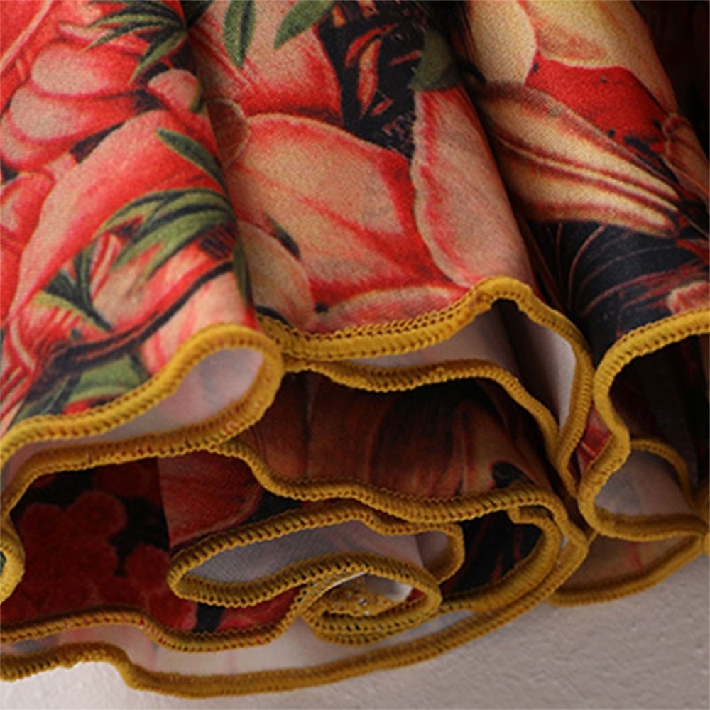 abito da ballo da sala con stampa floreale per donna - abito a trapezio con maniche lunghe e accenti gialli per competizioni, latino americani ed eventi di danza - rosso&amp;floreale del 2026 a $127.99 –P8