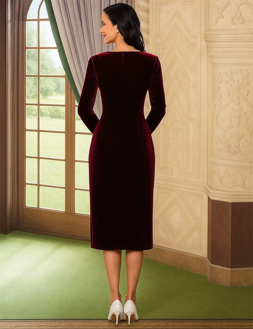 Sheath Column Tea Length Party Dress Cocktail Dress Wedding Guest Dress Mother of the Bride Dress Long Sleeve V Neck Elegant Vintage Formal Formal Evening Wedding Party with Crystals 2026 - $195.99 –P2