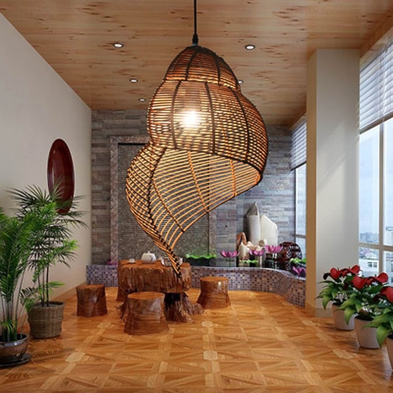 Romantic Beach Lamp Shade Curved Rattan Ceiling Hanging Light in Brown Hand Woven Lamp Vintage Asian Style Industrial Lighting Fixture for Cafe Bar Restaurant Farmhouse 2025 - $146.99 –P2