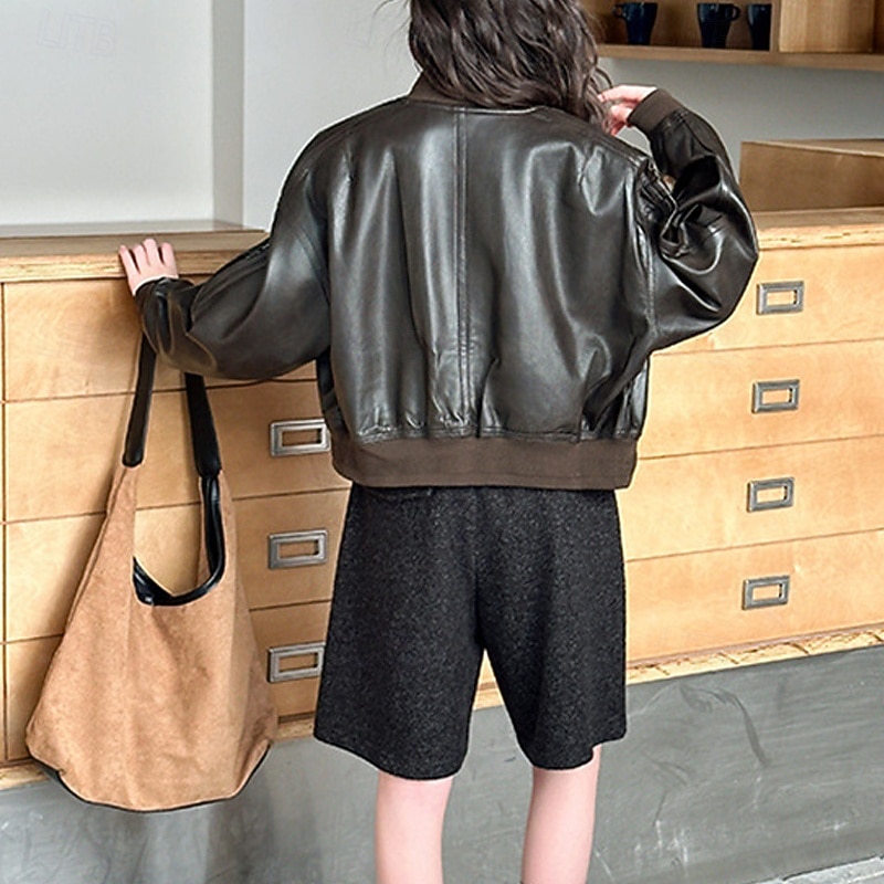 Bambini Ragazze Giacca in pelle nera Giacca di pelle Tinta unica Moda Cerniera Tasca All'aperto Cappotto Capispalla 4-12 Anni Autunno Marrone del 2025 a $48.99 –P6