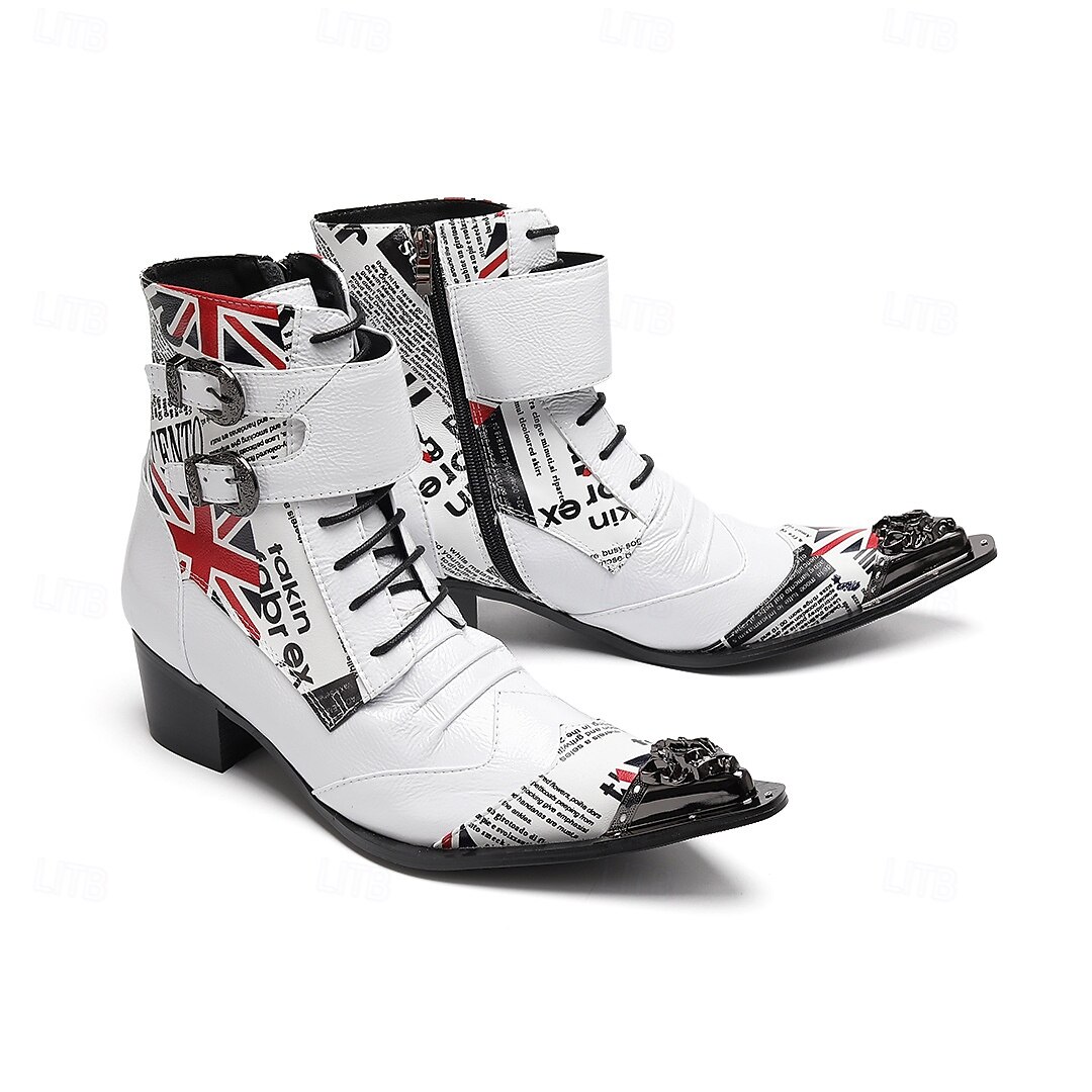 Punk Rocker Boots Men Men's White and Black Genuine Leather British Flag Punk Rock Boots, 100 ...