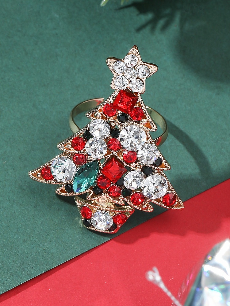 Anello da donna a forma di albero di Natale: materiali in lega e zirconia, design festivo con pietre rosse, verdi e trasparenti, perfetto per feste di Natale e regali del 2026 a $7.99 –P3