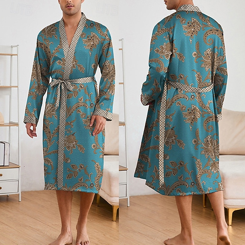 Homme Pyjamas Robe en soie Vêtements de Nuit Robe de bain 1 Pièce Impressions Graphiques Mode Élégant Classique Quotidien Maison Lit Polyester Confort Doux Col en V manche longue Ceinture Incluse de 2026 ? $45.99 –P1
