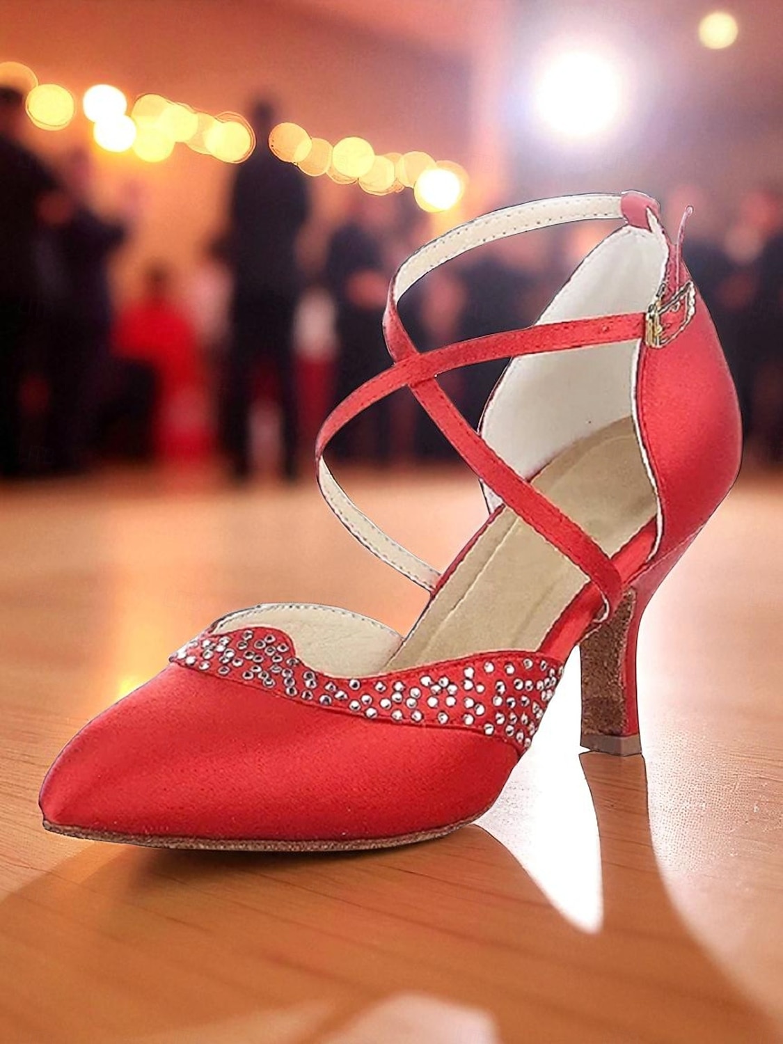 Women's Red Satin Ballroom Dance Shoes - Closed Toe Cross Strap High Heel Pumps with Rhinestone Detail for Gatsby Party & Professional Dance Party 2026 - $64.99 –P1