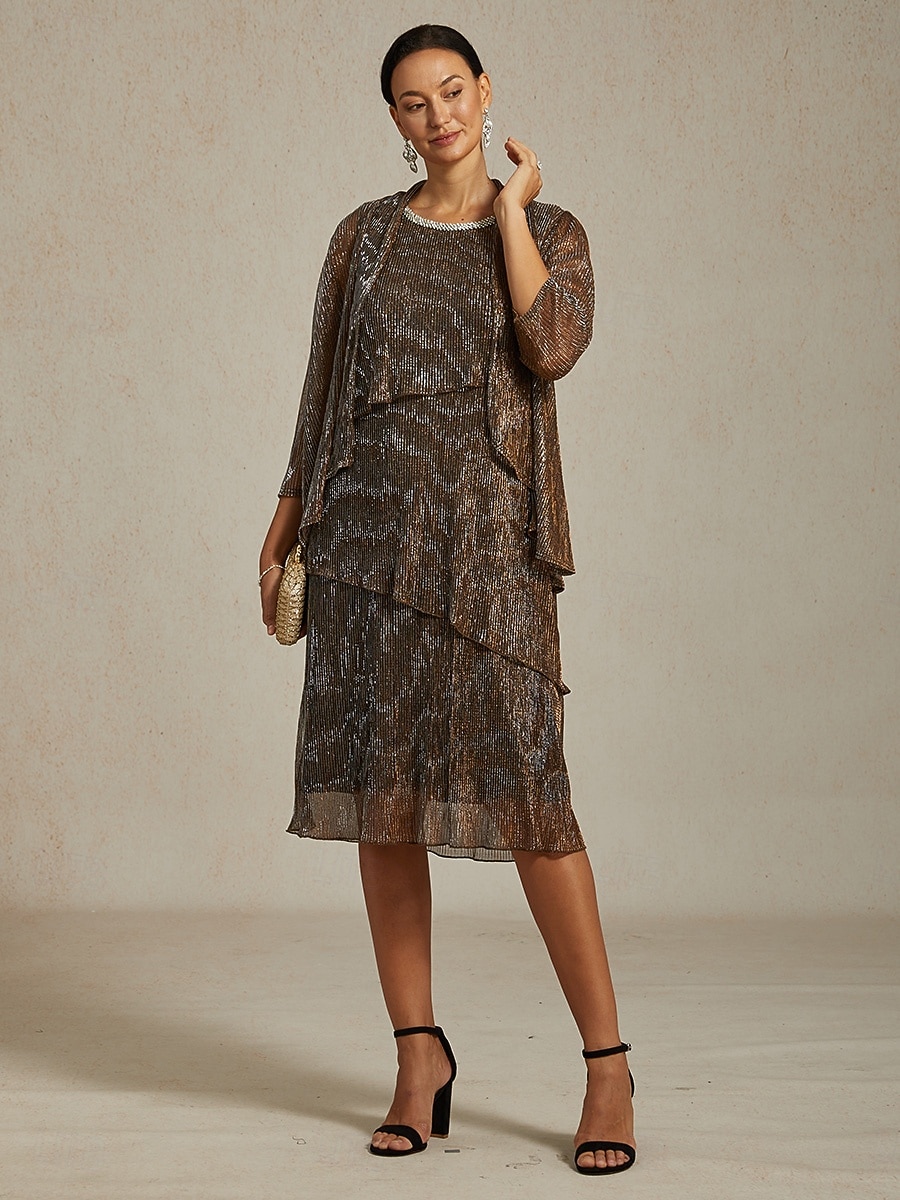 Dame Midikjole Skiftkjole Plissert kjole Grime kjole Elegant Fest Formelt Fest Bryllupsgjest Cocktailfest Normal Helfarge Ermeløs Crew-hals Brun Sommer Vår Høst Vinter 2025 - $141.99 –P13