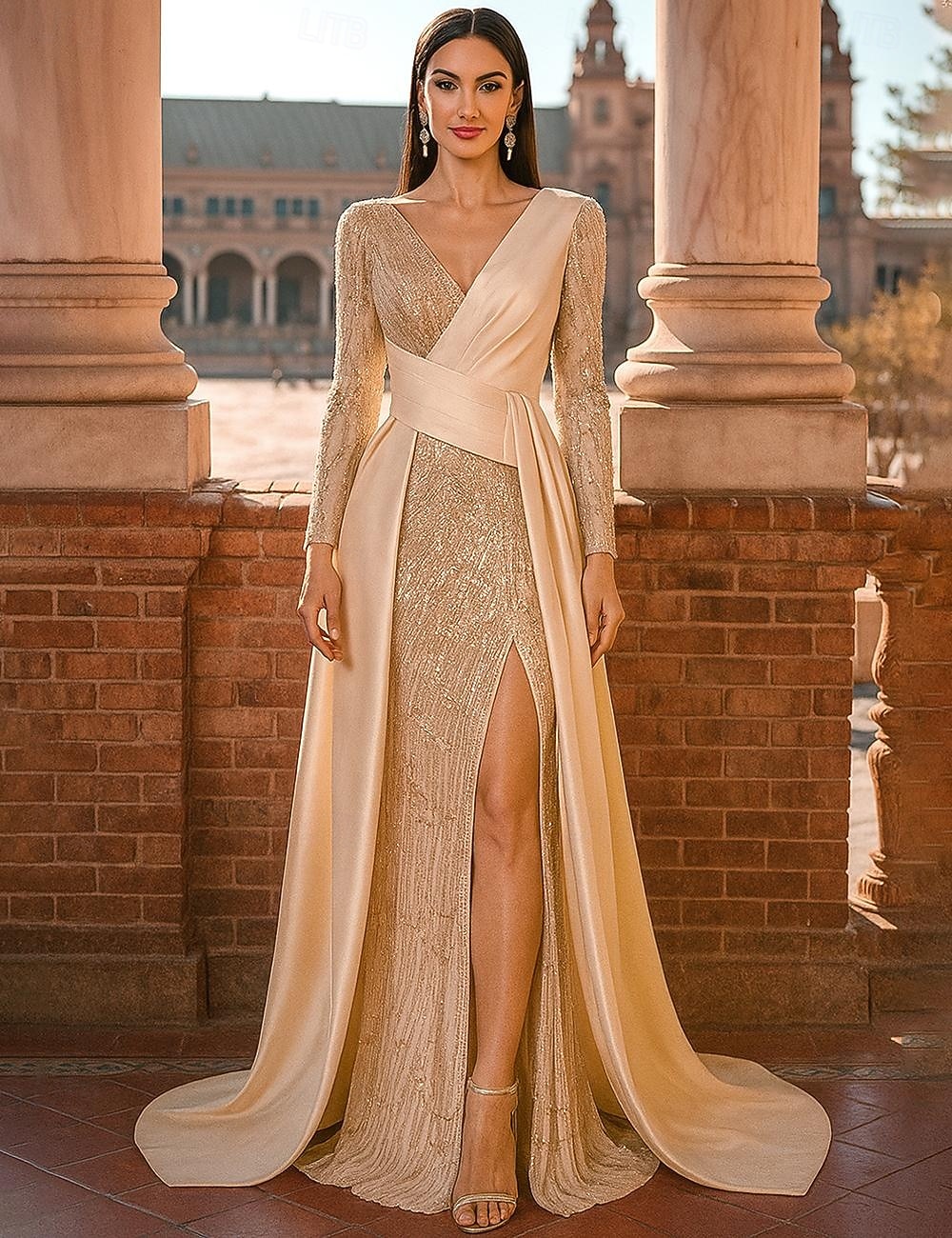 A-Linie Schlauchkleid Bodenlang Abendkleid Überrockkleid Langarm V Ausschnitt Elegant Vintage luxuriös Formell Spandex Paillettenbesetzt Polyester Brautmutterkleid mit Paillette Farbblock 2025 - $104.99 –P3