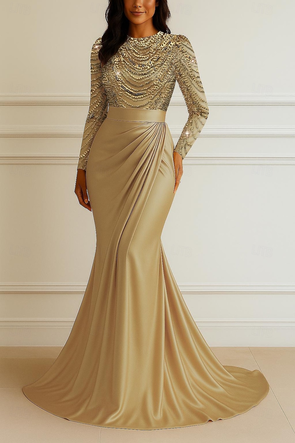 Mermaid Trumpet Floor Length Beaded Eembroidered Formal Dresses Mother of the Bride Dress Prom Dresses Evening Gown Ball Gown Formal Dress Elegant Glittering Long Sleeve Crew Neck Wedding Formal 2026 - $206.99 –P1