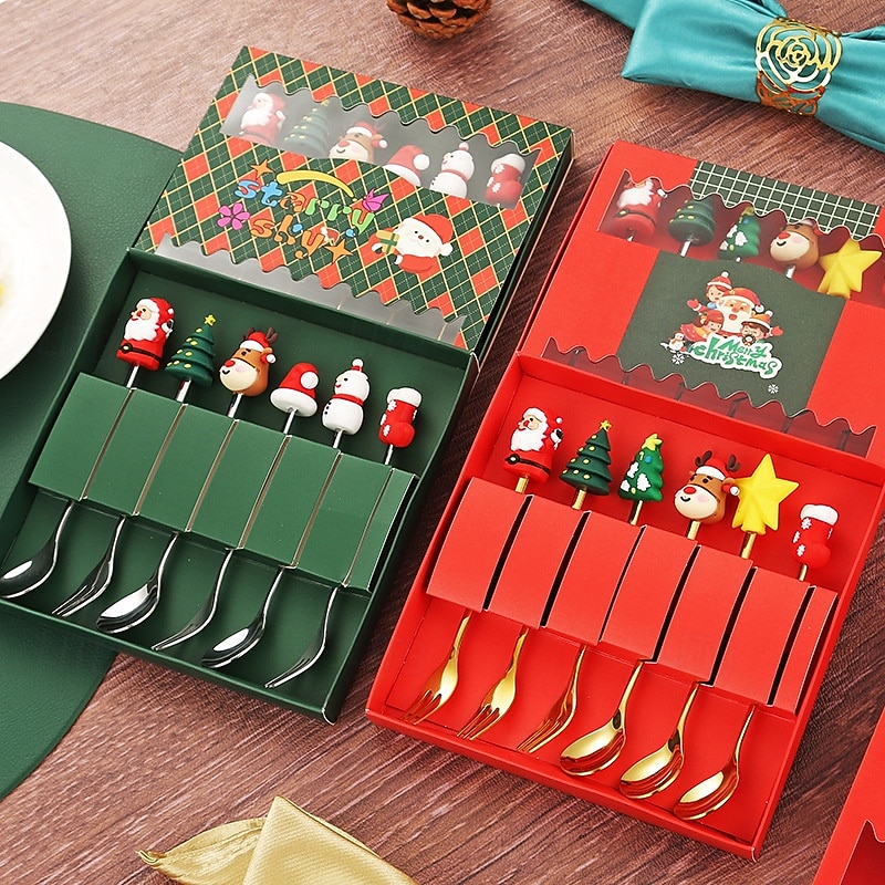 6Pcs Christmas Spoon and Fork Set Stainless Steel Christmas Tree Tea Coffee Dessert Ice Cream Tableware Creative Cutlery Gift for Home Holiday Party 2025 - $15.49 –P5