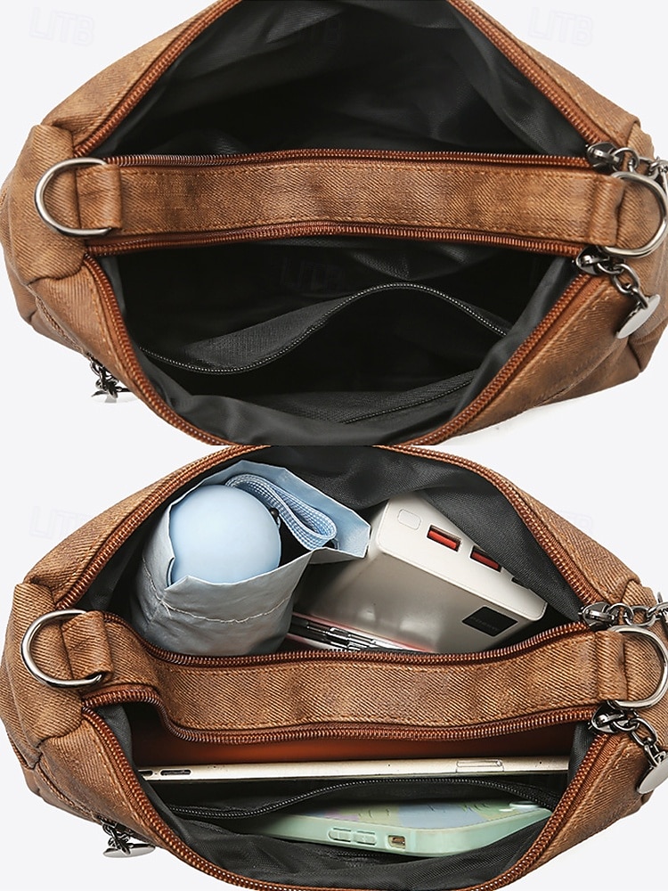 Damväska i brunt konstläder med flera dragkedjefickor, vintage avslappnad axelväska, lätt axelväska för dagligt bruk, resor och shopping 2026 - $26.99 –P6