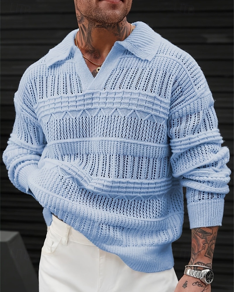 Herren Pullover Strickpullover Gerippt Stricken Normale Oberteile Gestrickt Einfach Revers Mode Basic Urlaub Alltagskleidung Bekleidung Herbst Winter Blau Grün S M L 2026 - $34.99 –P10